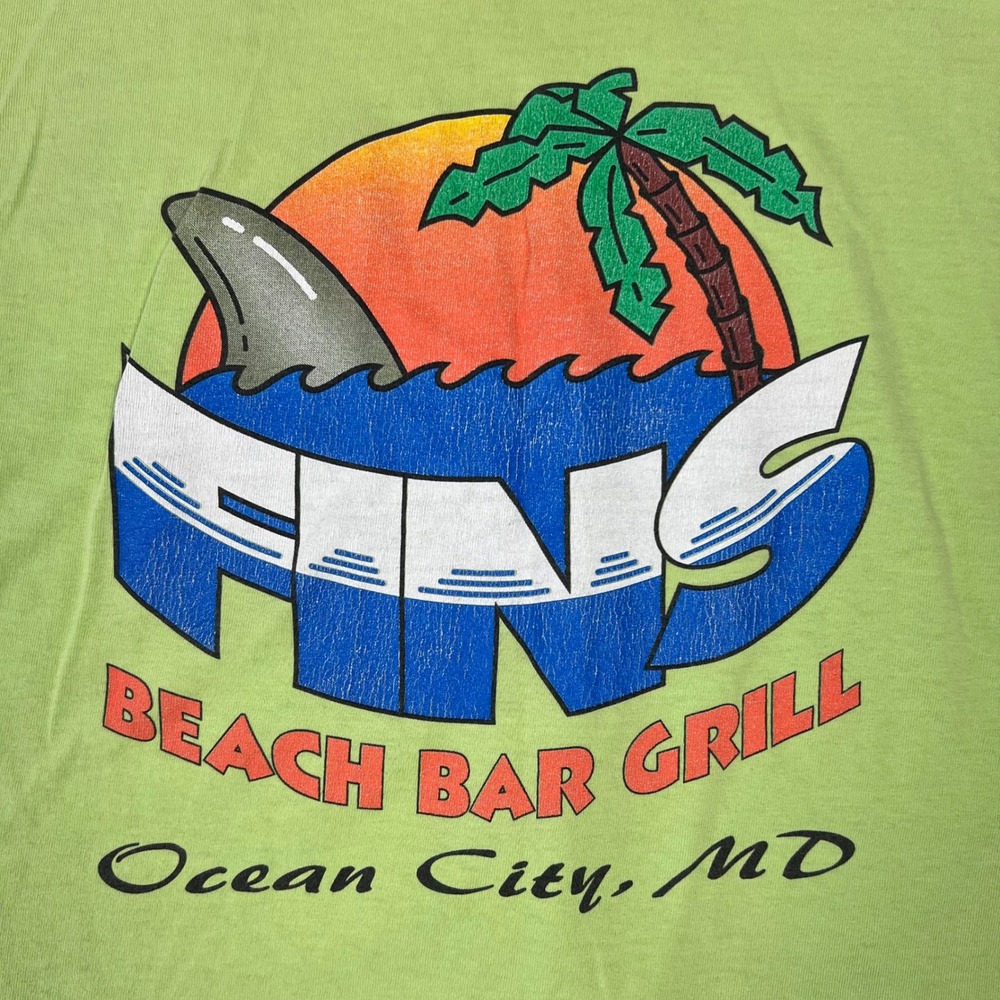 Vintage Surf Fins Beach Bar Grill T Shirt Men's XL Lime Green Single Stitch MD